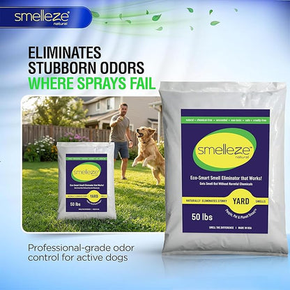 SMELLEZE 50 lb. Yard Odor Eliminator for Dogs – Long-Lasting Turf Cleaner for Pet Urine Outdoor & Poop | Safe for People, Pets, Plants & Planet | Works on Grass, Gravel, Patios & Kennels