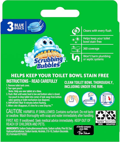 Scrubbing Bubbles Continuous Clean Toilet Drop-Ins, Automatic Blue Toilet Bowl Cleaner, Septic-Safe Tank Tablets Remove Hard Water Minerals & Limescale, Stain & Smell Protection, 3 Count (Pack of 6)
