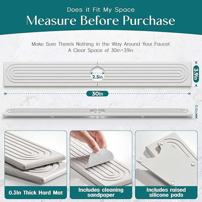 eormoe 30 Inch Faucet Mat for Kitchen Sink - Instant Dry Sink Protector for Countertop, Extra-Long Diatomaceous Earth Stone Sink Tray Around Faucet for Kitchen Bathroom RVs (Light Grey, 30" x 3.9")