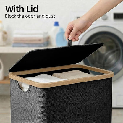 efluky Slim Laundry Basket with Lid, Narrow Laundry Hamper with Removable Bag, Skinny Dirty Clothes Basket with Bamboo Handles for Bathroom, Bedroom & Laundry Room, 90L Black