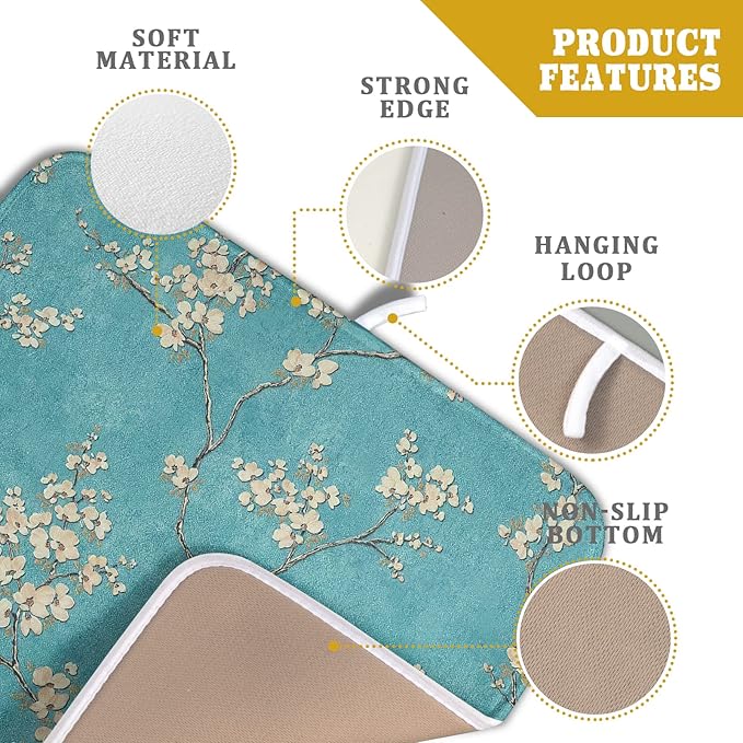 Teal Turquoise Dish Drying Mat for Kitchen Counter Spring Floral Drying Mat 16 x 18 Inch with Absorbent Reversible Microfiber Dish Drying Pad Dish Rack Drainer Mat for Coffee Bar
