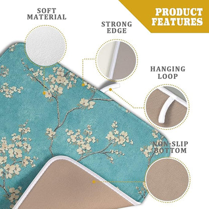 Teal Turquoise Dish Drying Mat for Kitchen Counter Spring Floral Drying Mat 16 x 18 Inch with Absorbent Reversible Microfiber Dish Drying Pad Dish Rack Drainer Mat for Coffee Bar