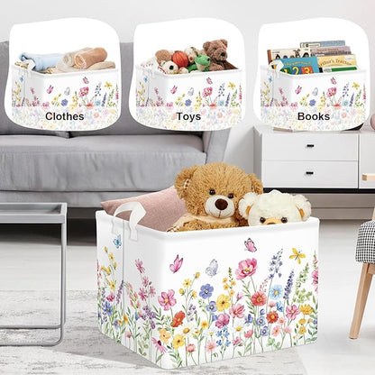 Colourful Flowers Laundry Hamper Large Storage Basket Floral Collapsible Adult Organizer Kids Clothes Toys Bins for Bedroom, Bathroom, Pinkish Purple, 36L
