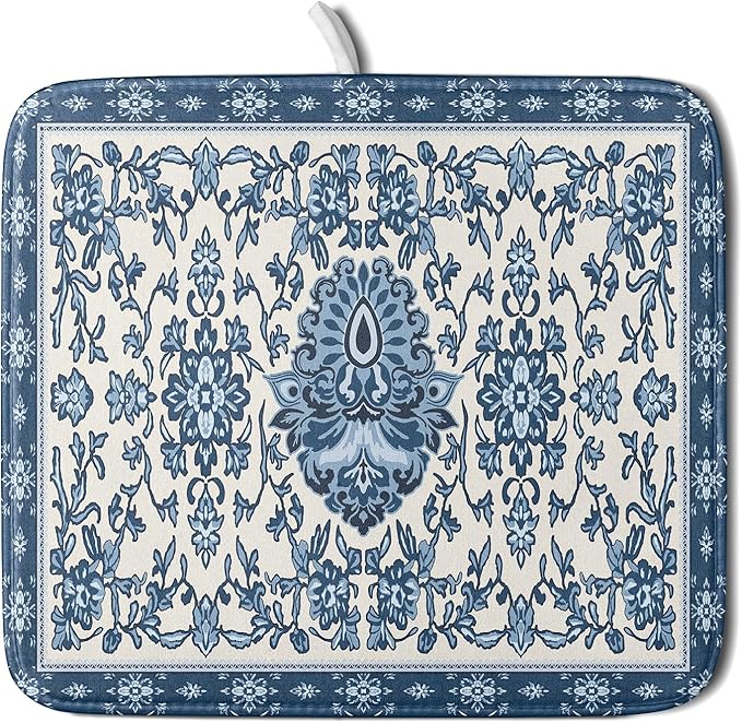 Blue Floral Dish Drying Mat for Kitchen Counter 16x18 Chinoiserie Flower Print Vintage Absorbent Reversible Microfiber Drying Mats Kitchen Countertop Protector Dishes Drainer Rack Pad