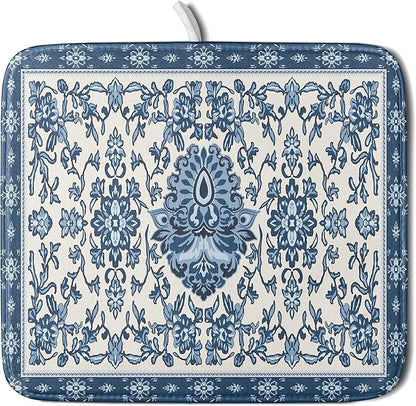 Blue Floral Dish Drying Mat for Kitchen Counter 16x18 Chinoiserie Flower Print Vintage Absorbent Reversible Microfiber Drying Mats Kitchen Countertop Protector Dishes Drainer Rack Pad