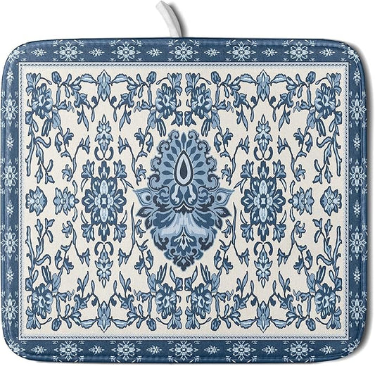 Blue Floral Dish Drying Mat for Kitchen Counter 16x18 Chinoiserie Flower Print Vintage Absorbent Reversible Microfiber Drying Mats Kitchen Countertop Protector Dishes Drainer Rack Pad