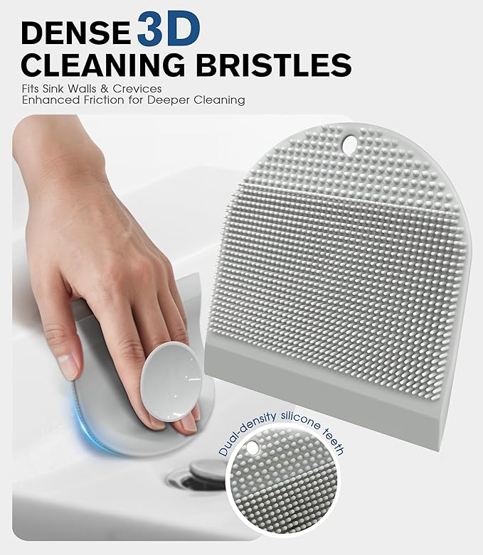 2 Pack Silicone Sink Cleaning Brush with Squeegee, Flexible Non-Scratch Dish Scrubber for Kitchen and Bathroom Sink, Countertop & Dishwashing, Suction Cup Hanging Design (Gray)