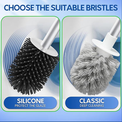 BOOMJOY Toilet Brush and Holder Set, Silicone Toilet Bowl Cleaner Brush, Bathroom Cleaning Bowl Kit with Tweezers, Bathroom Accessories with Aluminum Handle - White