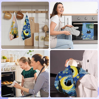 Black Cat Kitchen Towels, 4PCS Oil Painting Dish Towels for Cooking Cleaning, Absorbent Aesthetic Decorative Tea Towel with Hanging Loop for Home Kitchen(16 X 24 Inches)