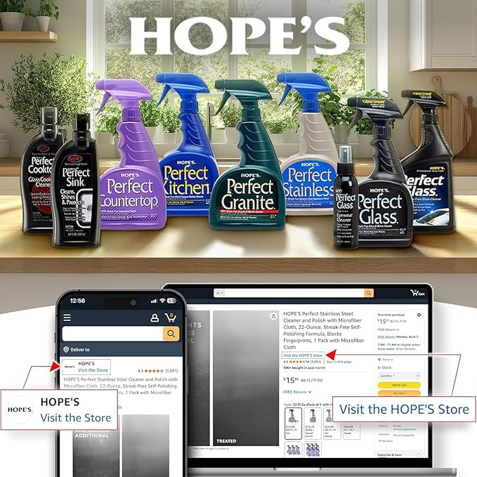 HOPE'S Perfect Granite & Marble Countertop Cleaner with Microfiber Cloth, Stain Remover and Polish, Streak-Free, Ammonia-Free, 22 Ounce, Pack of 1 with Microfiber Cloth
