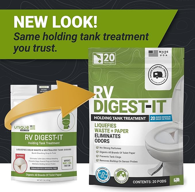 Unique RV Digest-It RV Toilet Treatment, Drop-In Pod - Convenient, Dissolvable, Mess-Free - Eliminates Odors and Liquifies Waste (60 Pods)