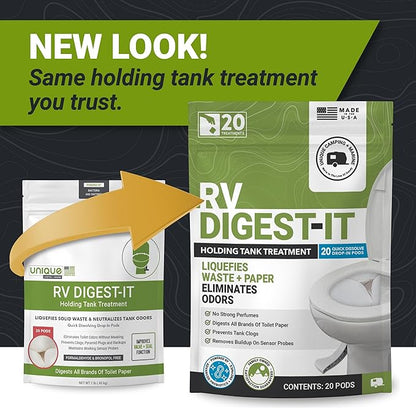 Unique RV Digest-It RV Toilet Treatment, Drop-In Pod - Convenient, Dissolvable, Mess-Free - Eliminates Odors and Liquifies Waste (60 Pods)