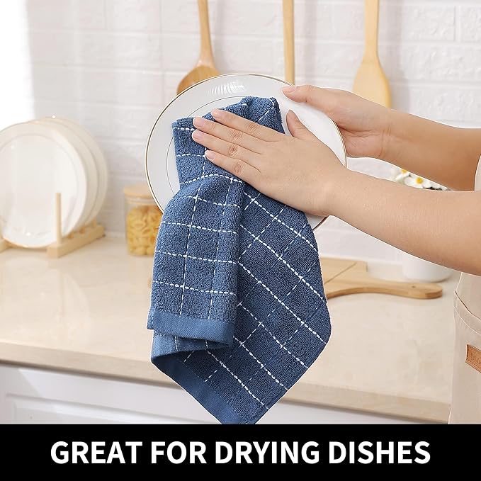Homaxy 100% Cotton Terry Kitchen Towels(Navy Blue, 13 x 28 inches), Checkered Designed, Soft and Super Absorbent Dish Towels, 24 Pack