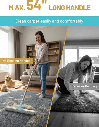 Carpet Rake for Pet Hair Removal: DELOMO Carpet Broom Scraper with 54” Adjustable Long Handle, Dual-Sided, Metal + Short Silicone for Carpets & Rugs, Extended Silicone for Shag Rugs & Hard Floors