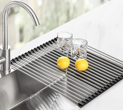 Tomorotec 21" x 15.5" Roll Up Dish Drying Rack Over Sink Drying Rack Sink Cover Kitchen Sink Accessories Gadget Multipurpose Organizer Foldable Stainless Steel Drainer