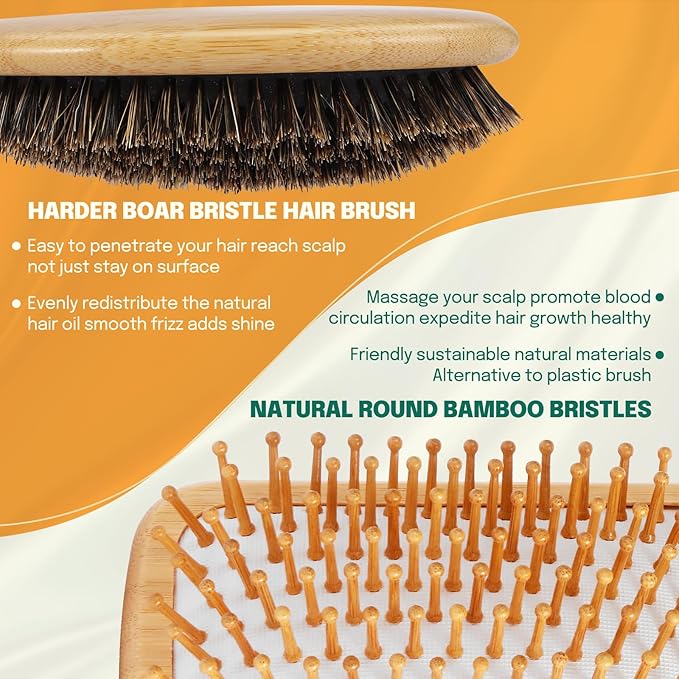 Sofmild Natural Bamboo Hair Brush Set for Women Men Kids, Detangling Brush for Thick Curly Wet Hair,Boar Bristle Hair Brush for Fine Thin Dry Hair to Add Shine and Smooth Flyaways,2-in-1Hair Care