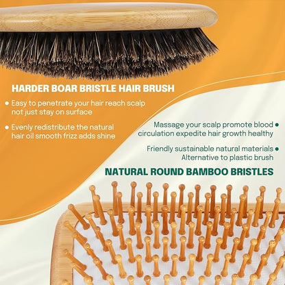 Sofmild Natural Bamboo Hair Brush Set for Women Men Kids, Detangling Brush for Thick Curly Wet Hair,Boar Bristle Hair Brush for Fine Thin Dry Hair to Add Shine and Smooth Flyaways,2-in-1Hair Care