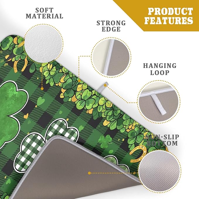St Patrick's Day Green Clover Dish Drying Mat 18 x 24 Inch With Absorbent Reversible Microfiber Spring Buffalo Plaid Lucky Clover Shamrock Drying Dish Drainer Mat Fast Dry For Kitchen Dining Room