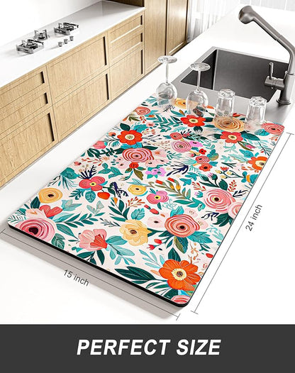 Rnivvi Dish Drying Mat for Kitchen Counter, XL 15 x 24" Cute Flower Super Absorbent Draining Pad, Non-Slip Heat Resistant Coffee Bar Mats for Coffee Machine Station Accessories, Colorful Dish Rack Pad