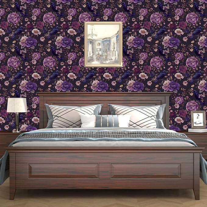 Crow Wallpaper Peel and Stick, Dark Purple Raven Bird Floral Contact Paper, Vintage Witchy Goth Wall Paper Self Adhesive Removable Waterproof for Bathroom Shelf Cabinet Drawer Table 17.5" x 118"