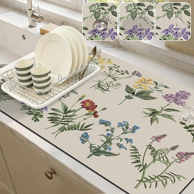 LOKHOM Dish Drying Mat for Kitchen Counter, 17"x32" Absorbent Coffee Bar Mat with Vintage Sage Flower Herbs, Dish Drainer Rack Mats for Kitchen Counter Coffee Maker Pot Dining Room Decoration