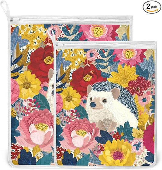 Mesh Laundry Bags Lingerie Bags for Washing Delicates 2 PCS Durable Wash Bag with Zipper Small and Medium Washable Garden Flowers Hedgehogs Colorful