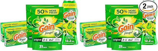 Gain Laundry Bundle: Gain Flings Laundry Detergent Pacs (2x35ct), Dryer Sheets (2x34ct), Fireworks Laundry Scent Booster Beads (14.8oz) (Pack of 2)