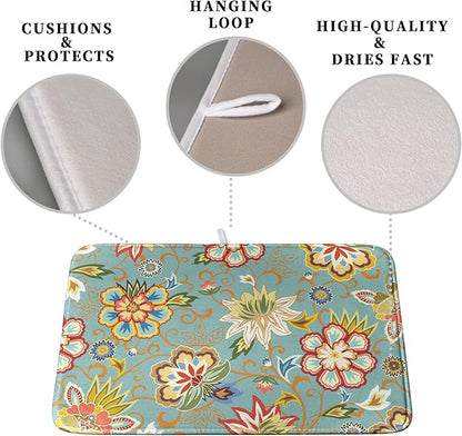 Boho Floral Kitchen Dish Drying Mat for Dishes 16x18 Inch Vintage Mandala Colorful Flowers Drying Mat Green Bohemian Dish Drainer Mat Super Absorbent Dish Rack Pad for Coffee Bar Sinks