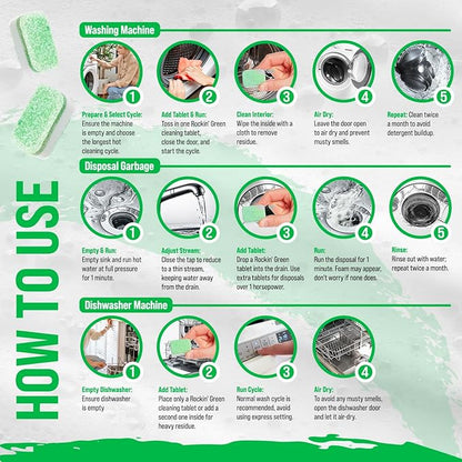 Rockin' Green Deep Cleaning and Deodorizing Tablets for Dishwashers, Washing Machines, and Garbage Disposals, Removes Odor and Residue (Multi-purpose Cleaning Tablets, 24 Pack)