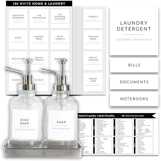 Laundry Labels for Jars, 136 Preprinted Home and Laundry Stickers for Storage Bins, Bathroom Cleaning Jars, Containers, Spray Bottles, Linen Closet, Household Organization