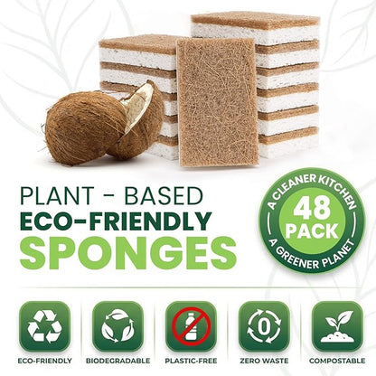 Metflavor Plant-Based Natural Kitchen Sponges,Biodegradable Non-Scratch Cellulose & Coconut Walnut Scrubber Sponge, Eco-Friendly & Sustainable (48 Pack)