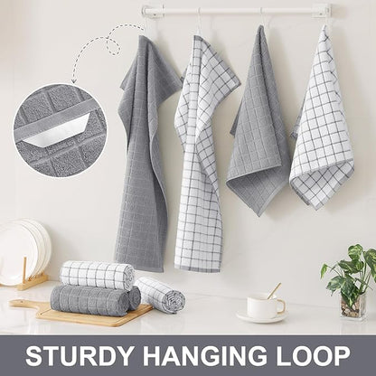 Homaxy Premium Cotton Kitchen Towels 16"x 28", Large Natural Ring Spun 390 GSM Dish Towels, Super Absorbent Terry Kitchen Hand Towels, Soft Tea Towels with Hanging Loop, Light Grey Check, 6 Pack