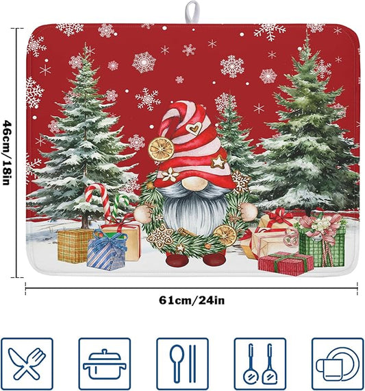 Christmas Dish Drying Mat for Kitchen Counter, Merry Christmas Dish Drying Mat 18 x 24 Inch Xmas Gnomes Absorbent Reversible Microfiber Dish Drying Pad Kitchen Drying Mat for Coffee Bar