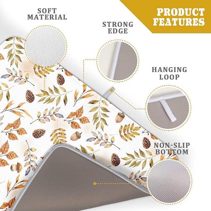Fall Leaves Pine Cones Mushroom Dish Drying Mat 18 x 24 Inch With Absorbent Reversible Microfiber Orange Autumn Leaf Thanksgiving Drying Mats Dish Drainer Mat Fast Dry For Kitchen Dining Room Decor