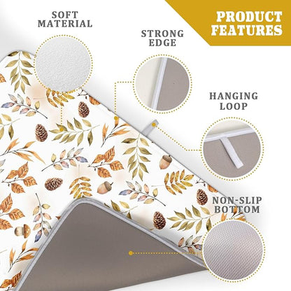 Fall Leaves Pine Cones Mushroom Dish Drying Mat 18 x 24 Inch With Absorbent Reversible Microfiber Orange Autumn Leaf Thanksgiving Drying Mats Dish Drainer Mat Fast Dry For Kitchen Dining Room Decor