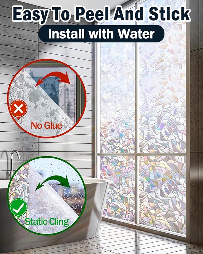 Rainbow Window Privacy Film with Installation Tools, 3D Decorative Vinyl, Stained Glass Decals, Removable, Peep-Proof, Static Cling, Heat Control (23.6 x 78.7 Inch)