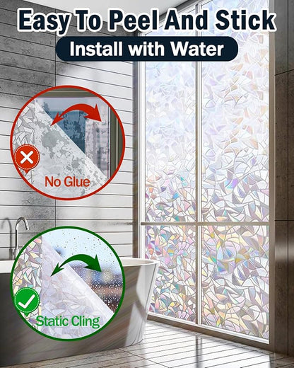 Rainbow Window Privacy Film with Installation Tools, 3D Decorative Vinyl, Stained Glass Decals, Removable, Peep-Proof, Static Cling, Heat Control (29.5 x 157.5 Inch)