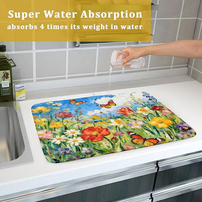 Floral Dish Drying Mat for Kitchen Counter 18x24 Spring Summer Theme Colorful Flower Butterfly Seasonal Absorbent Reversible Microfiber Drying Mats Kitchen Countertop Protector Dishes Drainer Pad