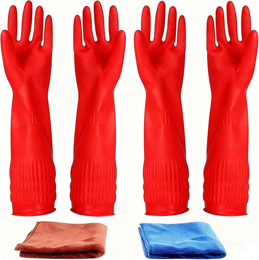 Rubber Cleaning Gloves Kitchen Dishwashing Glove 2-Pairs And Cleaning Cloth 2-Pack,Waterproof Reuseable.(Medium)