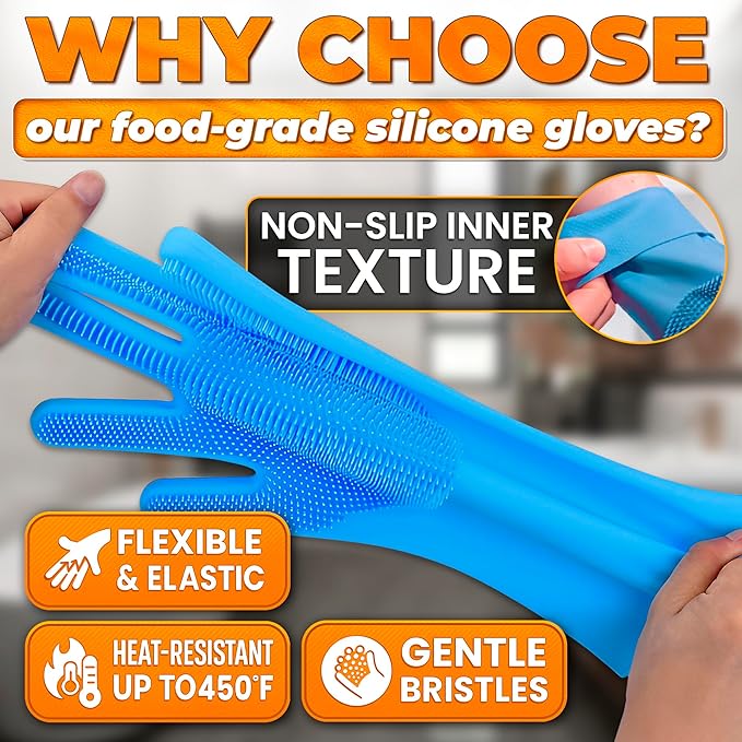 ALPENKOK Silicone Dishwashing Gloves with Scrubber – Non-Slip Silicone Gloves wor Washing Dishes | Household Use