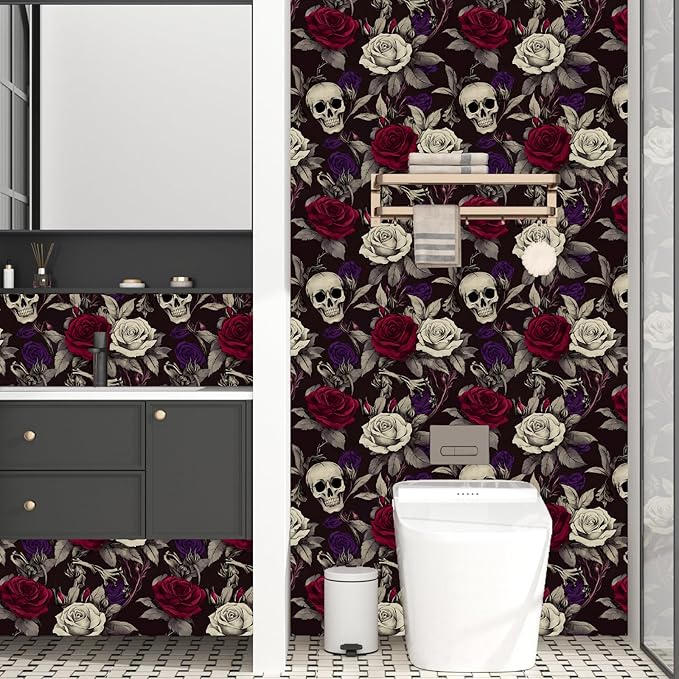 Skull Wallpaper Peel and Stick, Gothic Dark Purple/Red Rose Floral Contact Paper, Vintage Botanical Wall Paper Self Adhesive Removable Waterproof for Bedroom Shelves Cabinet Drawer Table 17.5" x 118"