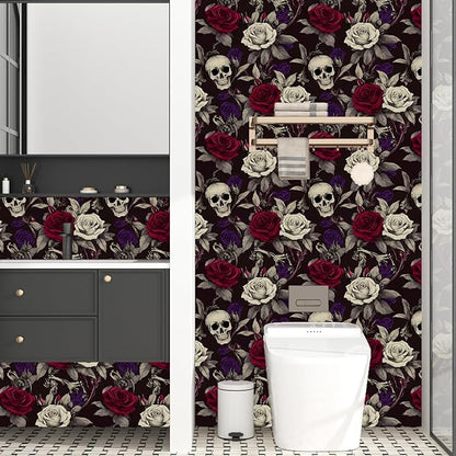 Skull Wallpaper Peel and Stick, Gothic Dark Purple/Red Rose Floral Contact Paper, Vintage Botanical Wall Paper Self Adhesive Removable Waterproof for Bedroom Shelves Cabinet Drawer Table 17.5" x 118"