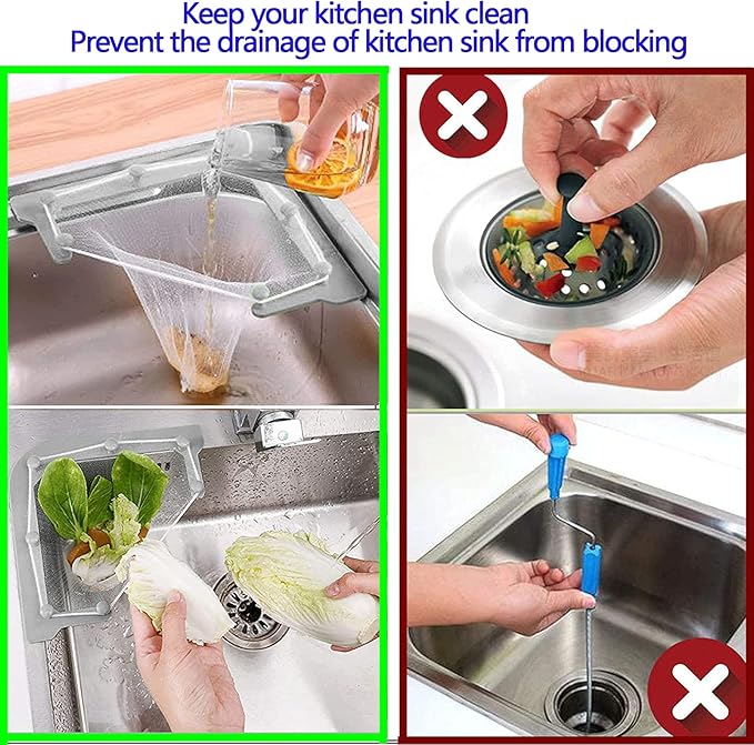 Kitchen Sink Triangle Tri-Holder Filter, Kitchen Sink Strainer, Sink Drain Strainer, with a Triangular Gray Rack and 200PCS Large Size Filtering Mesh Bags for Kitchen Leftover