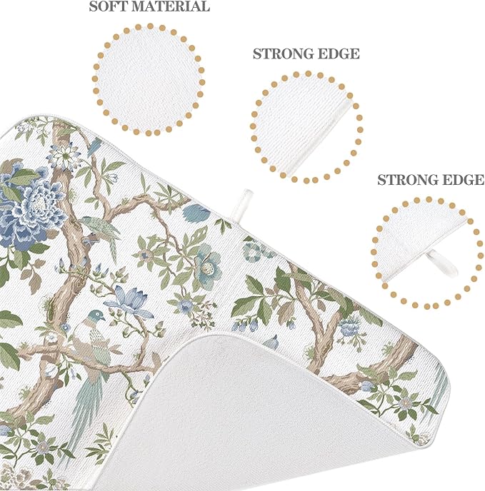 Blue Green Dish Drying Mat 18x24 Inch Chinoiserie Vintage Floral Bird Drying Mat Spring Summer Flower Seasonal Absorbent Dish Drying Pad Dish Rack Drainer Mats for Kitchen Dining Counter