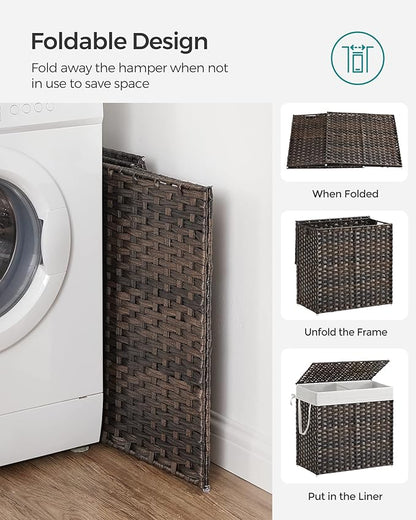 SONGMICS Laundry Hamper with Lid, 130L Clothes Hamper with 2 Removable Liner Bags and 6 Mesh Bags, Wicker Laundry Basket, Double Laundry Hamper for Bathroom, 13 x 26 x 23.6 Inches, Brown ULCB253K01