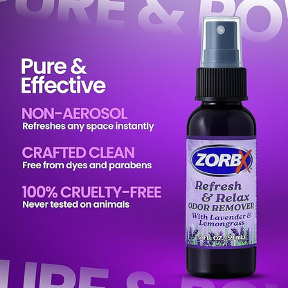 ZORBX Refresh & Relax 2 Oz Odor Remover Spray with Lavender & Lemongrass – Permanent Solution Room Freshener & Air Freshener Spray for Home, Bathroom, Furniture, Carpet, Car, Gym & Laundry