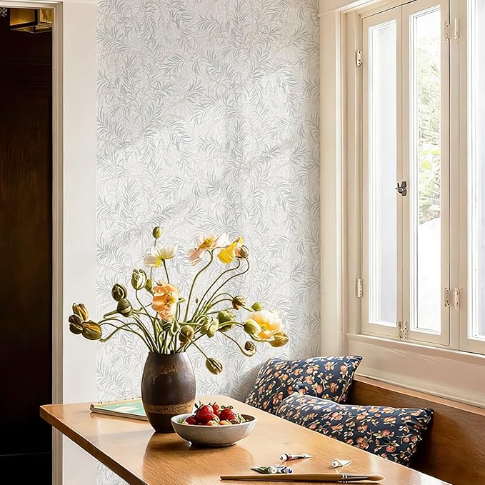 Ismoon Boho Wallpaper Peel and Stick Dusty Green Botanical Wallpaper 17.3in x32.8ft Neutral Leaf Removable Waterproof Green Contact Paper for Bedroom Kitchen Renter Friendly Wall Decor Vinyl