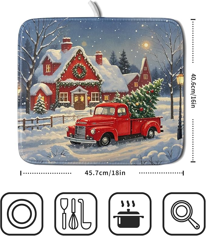 Christmas Dish Drying Mat for Kitchen Counter 16x18 Red Truck Winter Xmas Snow Scene Holiday Theme Absorbent Reversible Microfiber Drying Mats Kitchen Countertop Protector Dishes Drainer Pad