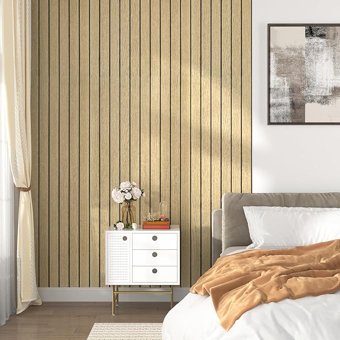 Wallercity 3D Wood Brown Wall Panels Peel and Stick Faux Wood Slat Decorative Wall Panels for Ceiling Self Adhesive Woodgrain Soundproof Foam Walls Paneling for Bedroom Counter Door Decor 11.7"x118"