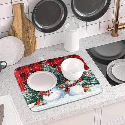 Christmas Snowman Dish Drying Mat for Kitchen Counter Xmas Trees Snowflake Buffalo Plaid Drying Mat 16x18 Inch Winter Holiday Absorbent Dish Drainer Mat Christmas Kitchen Accessories
